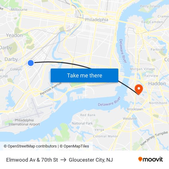 Elmwood Av & 70th St to Gloucester City, NJ map