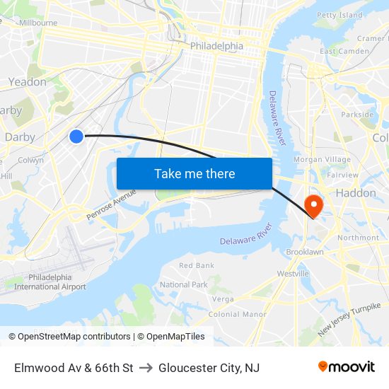 Elmwood Av & 66th St to Gloucester City, NJ map