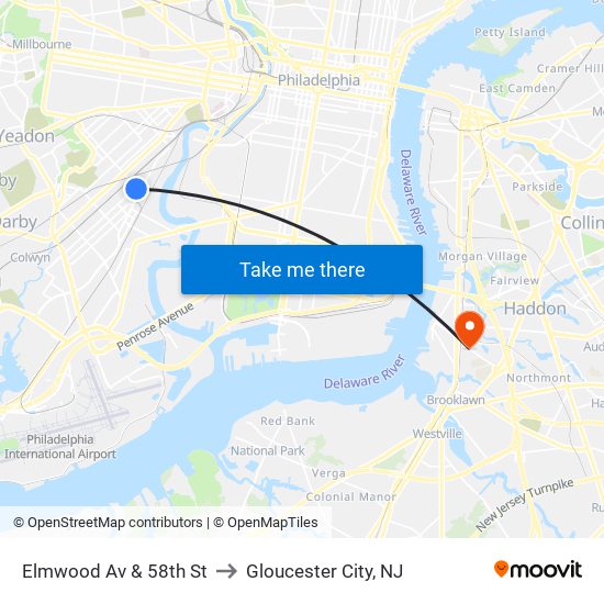 Elmwood Av & 58th St to Gloucester City, NJ map