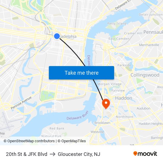 20th St & JFK Blvd to Gloucester City, NJ map