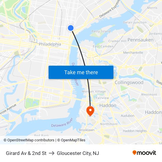 Girard Av & 2nd St to Gloucester City, NJ map