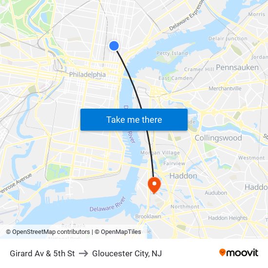 Girard Av & 5th St to Gloucester City, NJ map