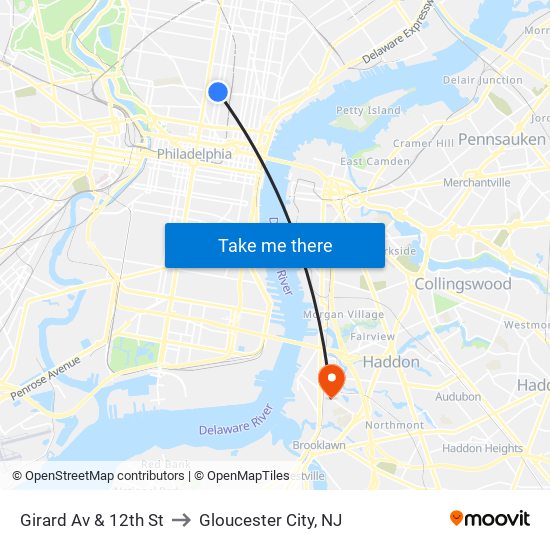 Girard Av & 12th St to Gloucester City, NJ map