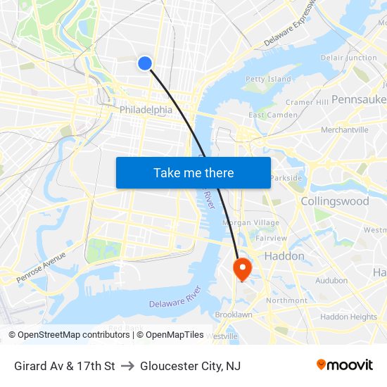 Girard Av & 17th St to Gloucester City, NJ map