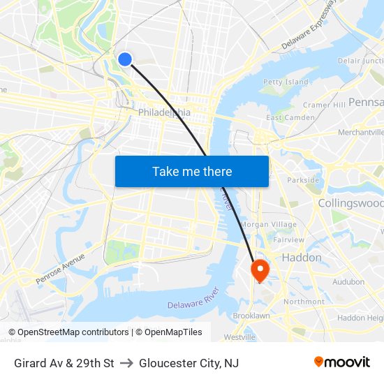 Girard Av & 29th St to Gloucester City, NJ map