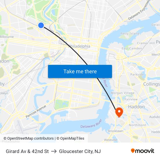 Girard Av & 42nd St to Gloucester City, NJ map