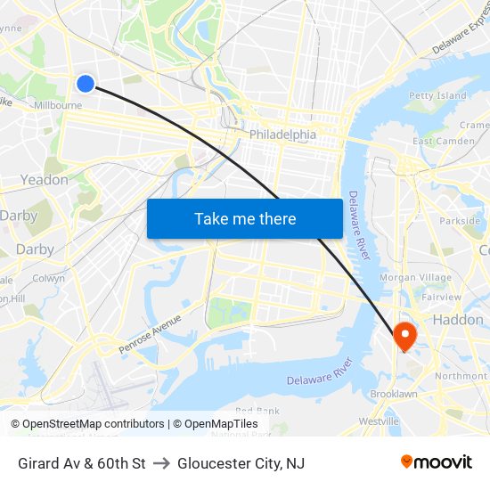Girard Av & 60th St to Gloucester City, NJ map