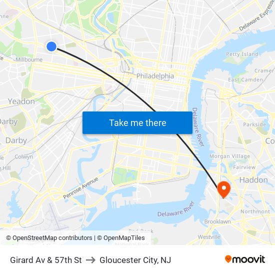 Girard Av & 57th St to Gloucester City, NJ map