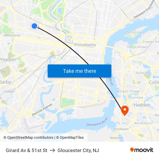 Girard Av & 51st St to Gloucester City, NJ map