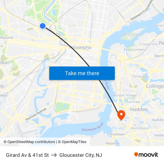 Girard Av & 41st St to Gloucester City, NJ map
