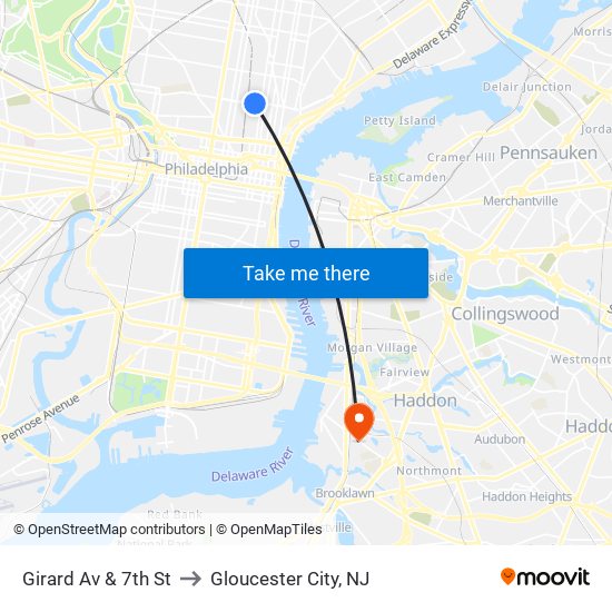 Girard Av & 7th St to Gloucester City, NJ map
