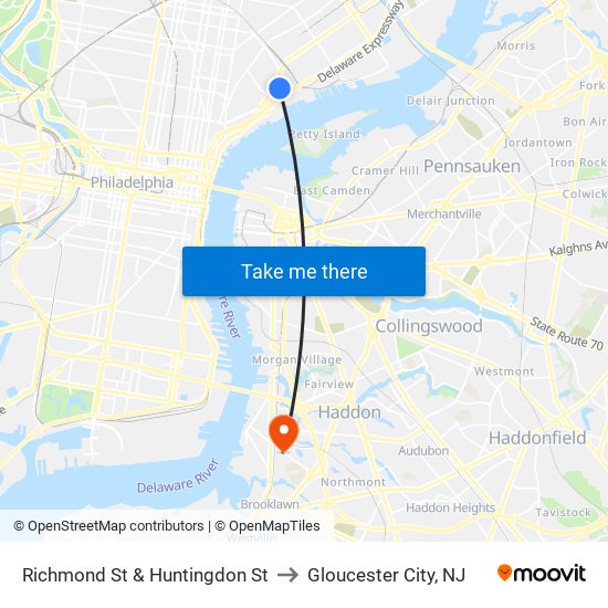 Richmond St & Huntingdon St to Gloucester City, NJ map