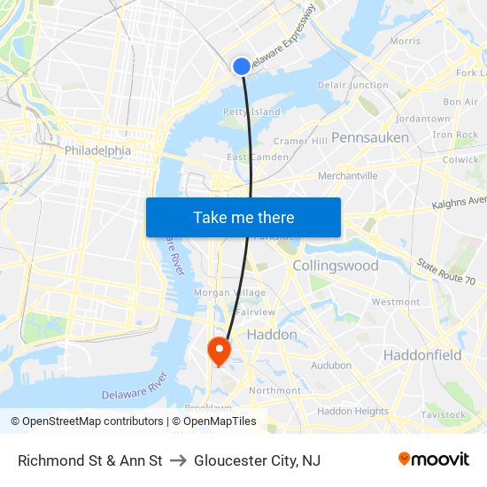 Richmond St & Ann St to Gloucester City, NJ map