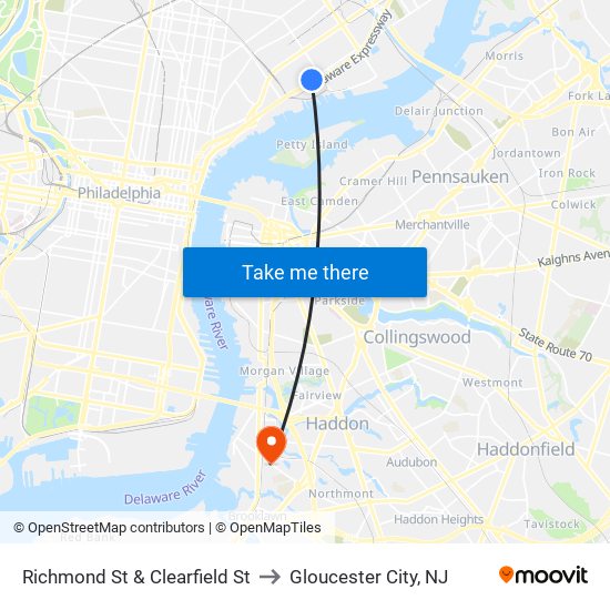 Richmond St & Clearfield St to Gloucester City, NJ map