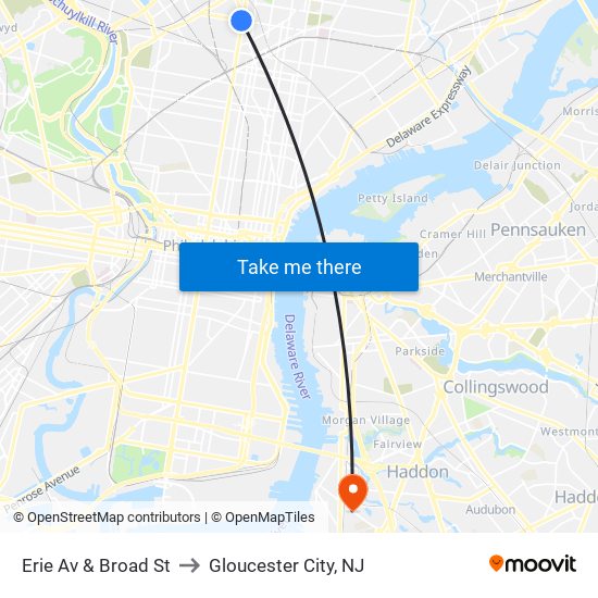 Erie Av & Broad St to Gloucester City, NJ map