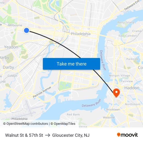 Walnut St & 57th St to Gloucester City, NJ map