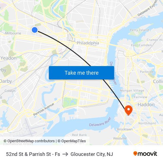 52nd St & Parrish St - Fs to Gloucester City, NJ map