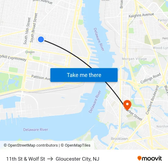 11th St & Wolf St to Gloucester City, NJ map