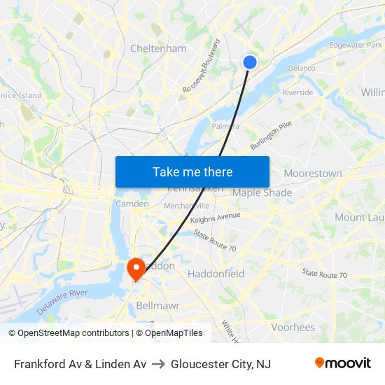 Frankford Av & Linden Av to Gloucester City, NJ map