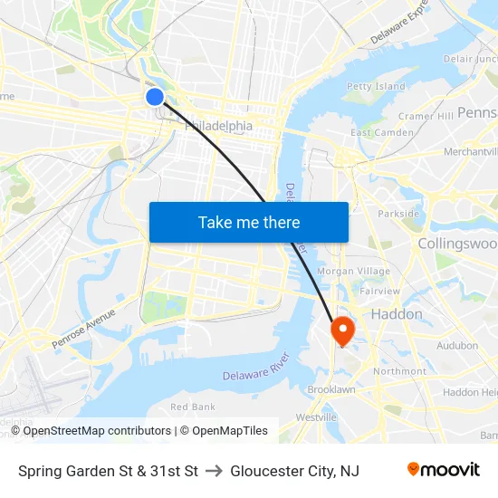 Spring Garden St & 31st St to Gloucester City, NJ map