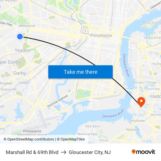 Marshall Rd & 69th Blvd to Gloucester City, NJ map