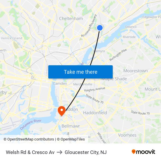 Welsh Rd & Cresco Av to Gloucester City, NJ map