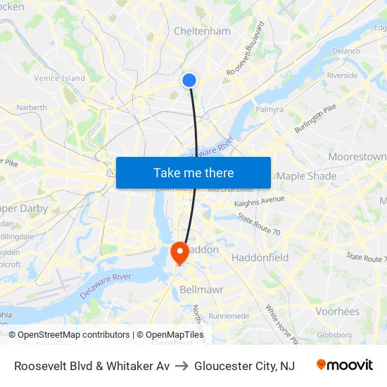 Roosevelt Blvd & Whitaker Av to Gloucester City, NJ map
