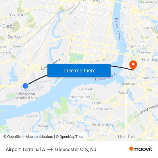 Airport Terminal A to Gloucester City, NJ map