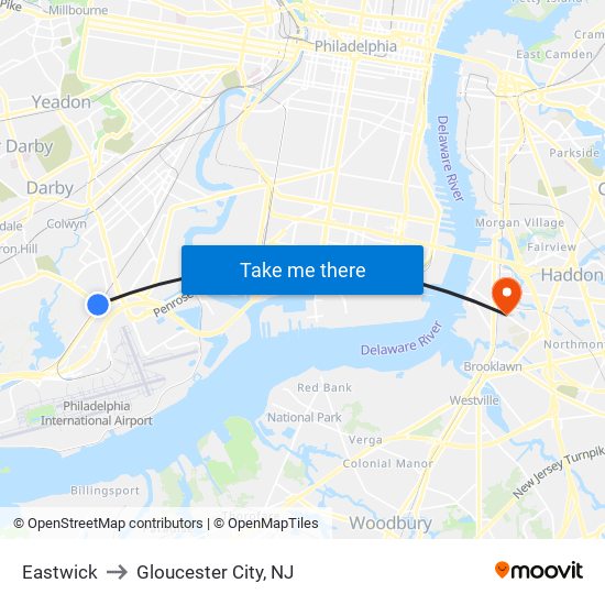 Eastwick to Gloucester City, NJ map