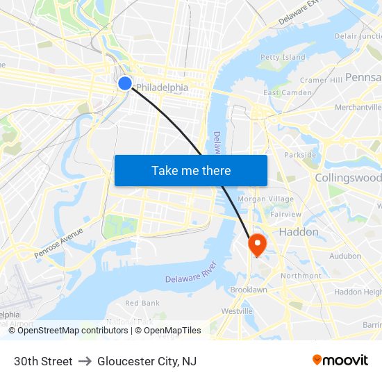 30th Street to Gloucester City, NJ map