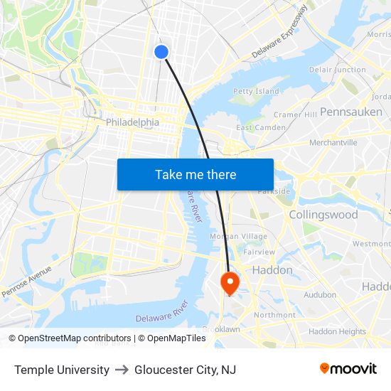 Temple University to Gloucester City, NJ map