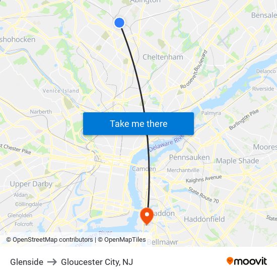 Glenside to Gloucester City, NJ map