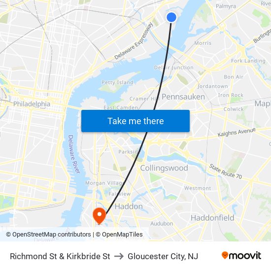 Richmond St & Kirkbride St to Gloucester City, NJ map