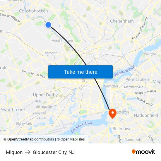 Miquon to Gloucester City, NJ map