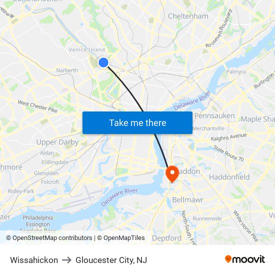 Wissahickon to Gloucester City, NJ map