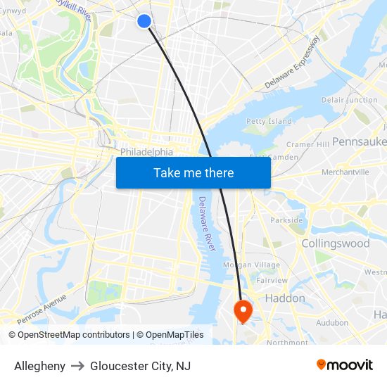 Allegheny to Gloucester City, NJ map