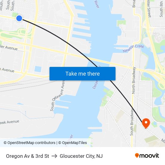 Oregon Av & 3rd St to Gloucester City, NJ map
