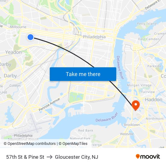57th St & Pine St to Gloucester City, NJ map