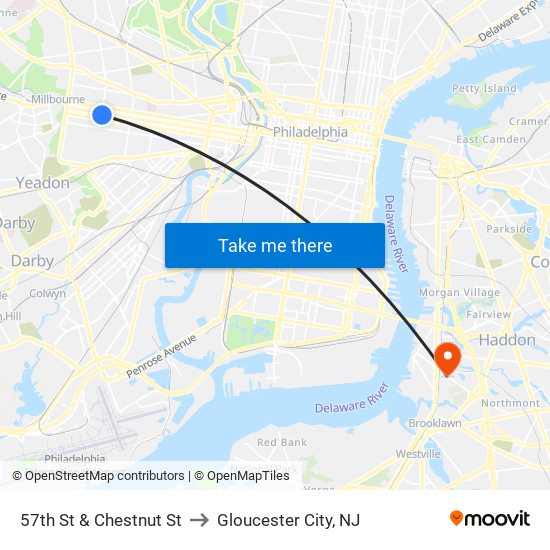 57th St & Chestnut St to Gloucester City, NJ map