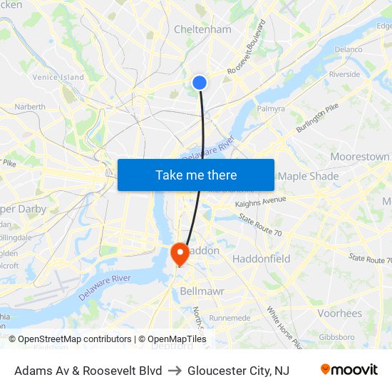 Adams Av & Roosevelt Blvd to Gloucester City, NJ map