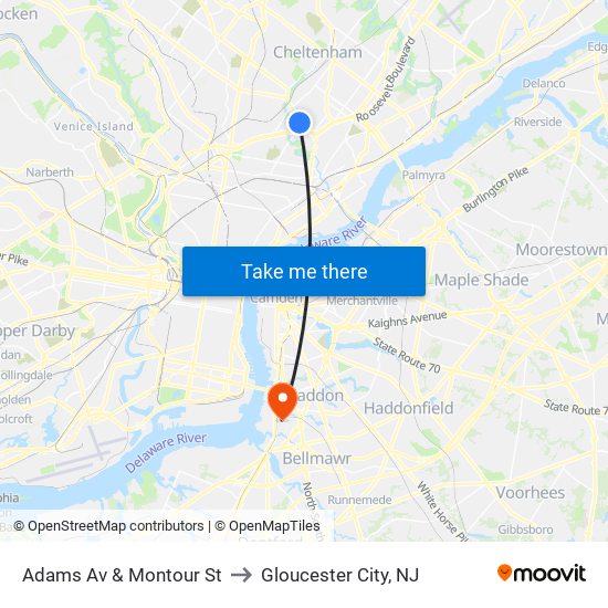 Adams Av & Montour St to Gloucester City, NJ map