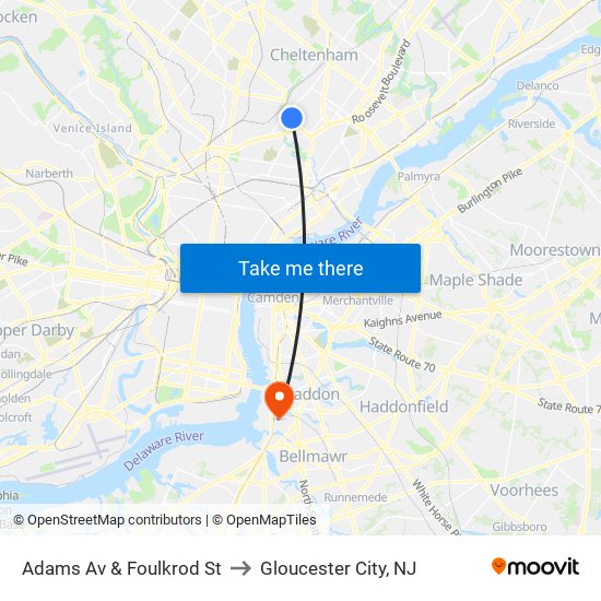 Adams Av & Foulkrod St to Gloucester City, NJ map
