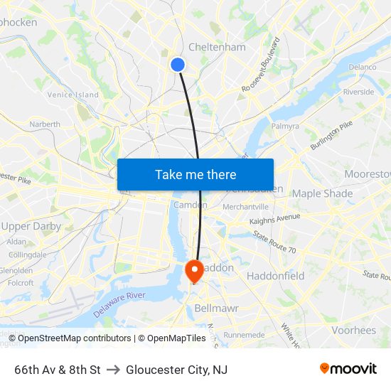 66th Av & 8th St to Gloucester City, NJ map