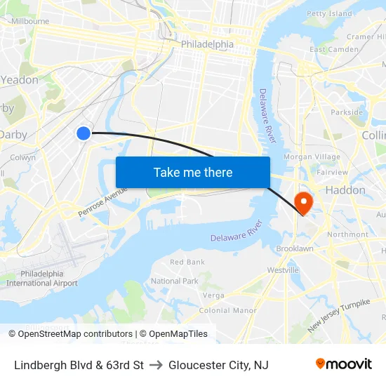 Lindbergh Blvd & 63rd St to Gloucester City, NJ map