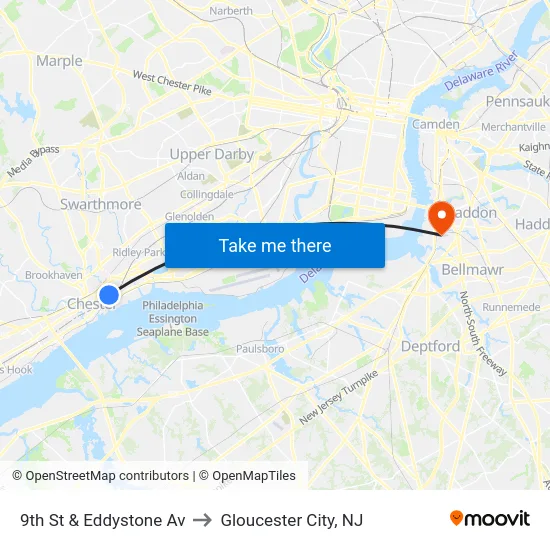 9th St & Eddystone Av to Gloucester City, NJ map