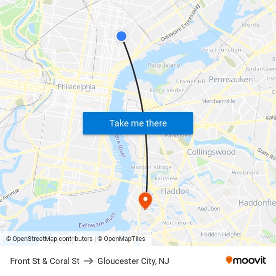 Front St & Coral St to Gloucester City, NJ map