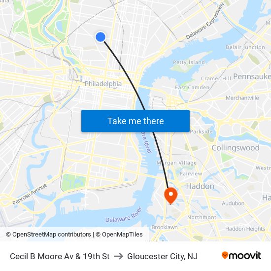 Cecil B Moore Av & 19th St to Gloucester City, NJ map