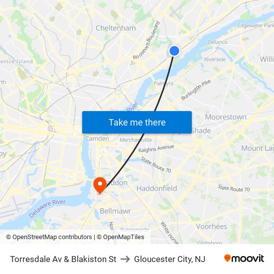 Torresdale Av & Blakiston St to Gloucester City, NJ map