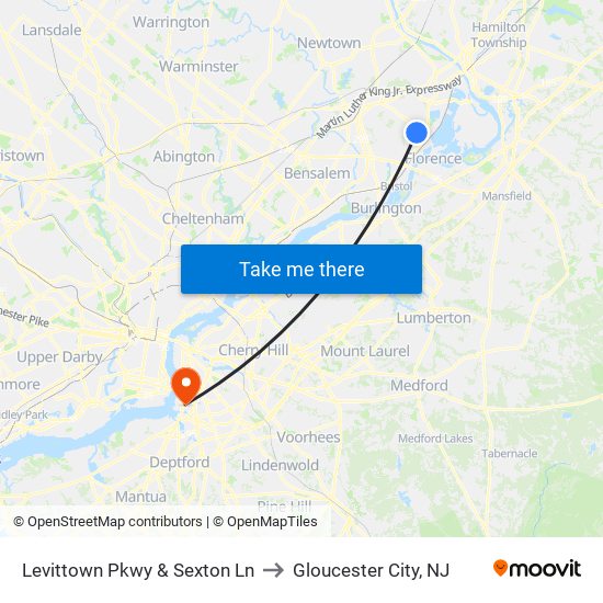 Levittown Pkwy & Sexton Ln to Gloucester City, NJ map