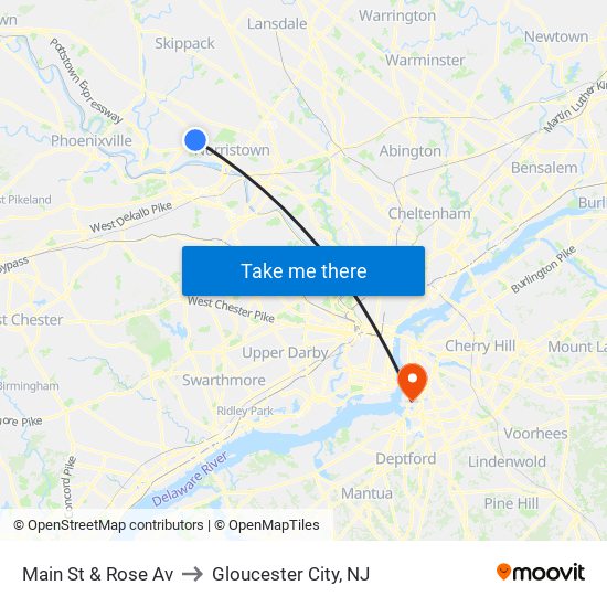 Main St & Rose Av to Gloucester City, NJ map